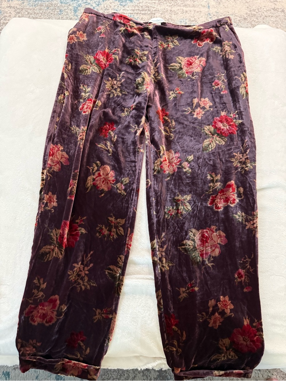 Sundance Burgundy Maroon Floral Print Velvet Elastic Waist Pants XL D74